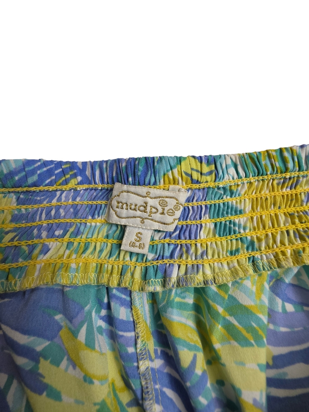 Mud Pie Tropical Leaf Elastic Waist Shorts - Yellow, Blue, Green - Picture 3 of 4